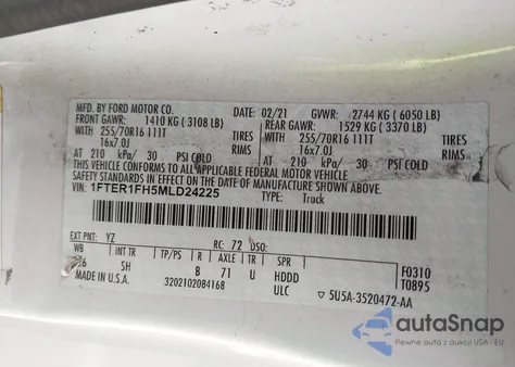 2021 Ford Ranger Xl z USA, uszkodzony, nr VIN 1FTER1FH5MLD24225